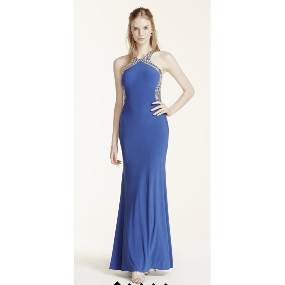 Beaded high neck fitted open back prom dress sz 9